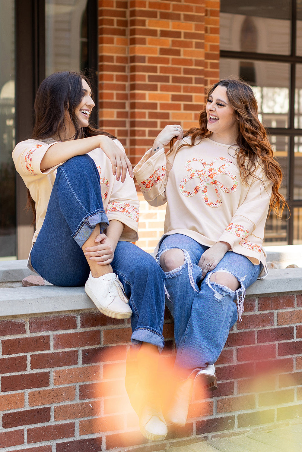 Beige Flower Patch Graphic  Wide Sleeve Top