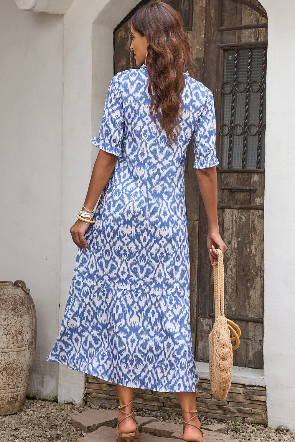 Blue V Neck Casual Geometric Print Maxi Dress