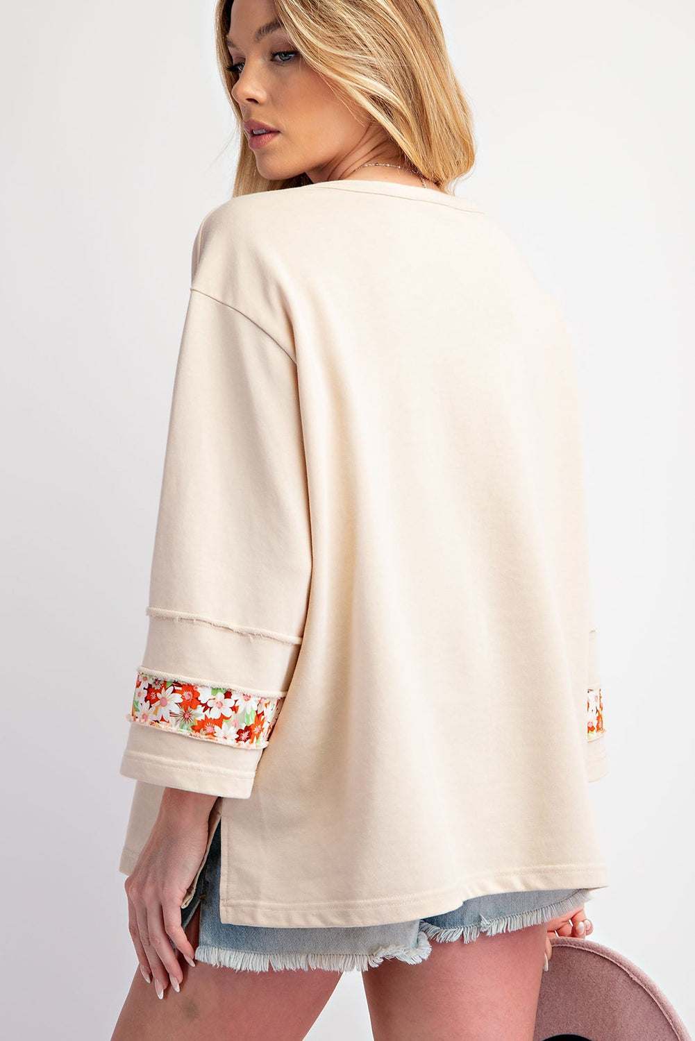 Beige Flower Patch Graphic  Wide Sleeve Top