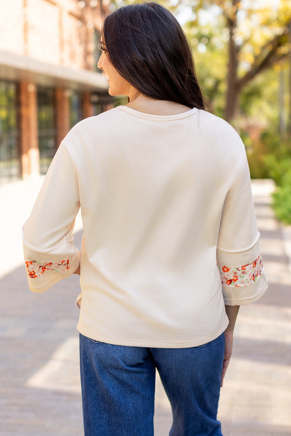 Beige Flower Patch Graphic  Wide Sleeve Top