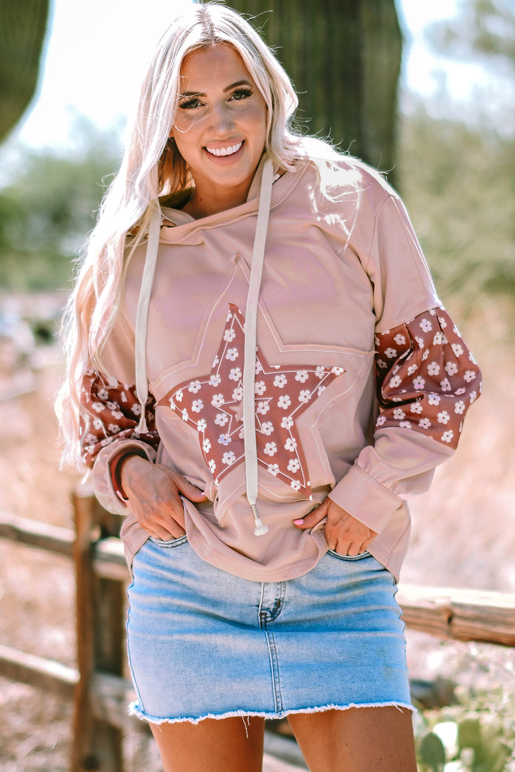 Floral Patchwork Star Drawstring Hoodie