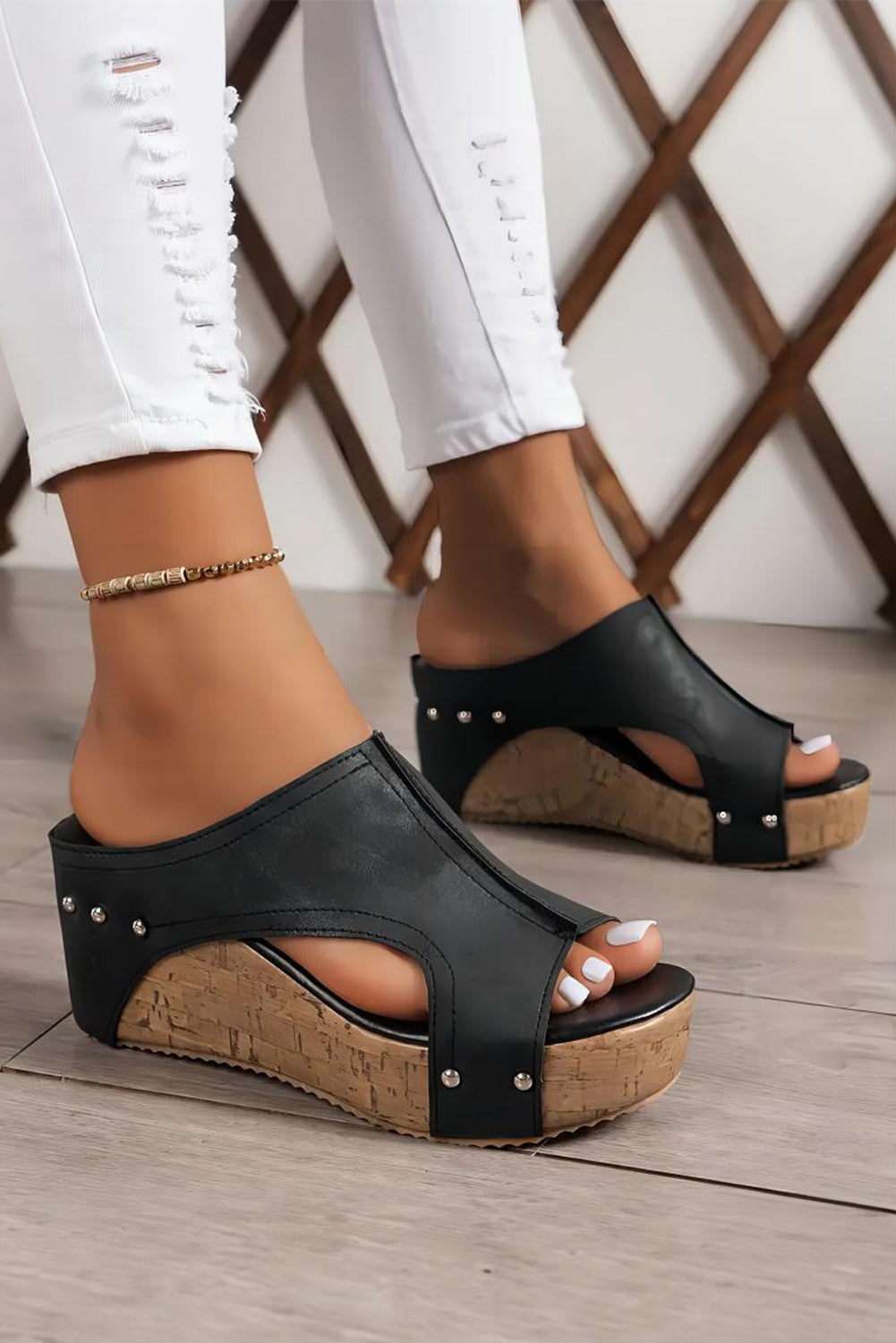 Leather Wedge Slippers Black