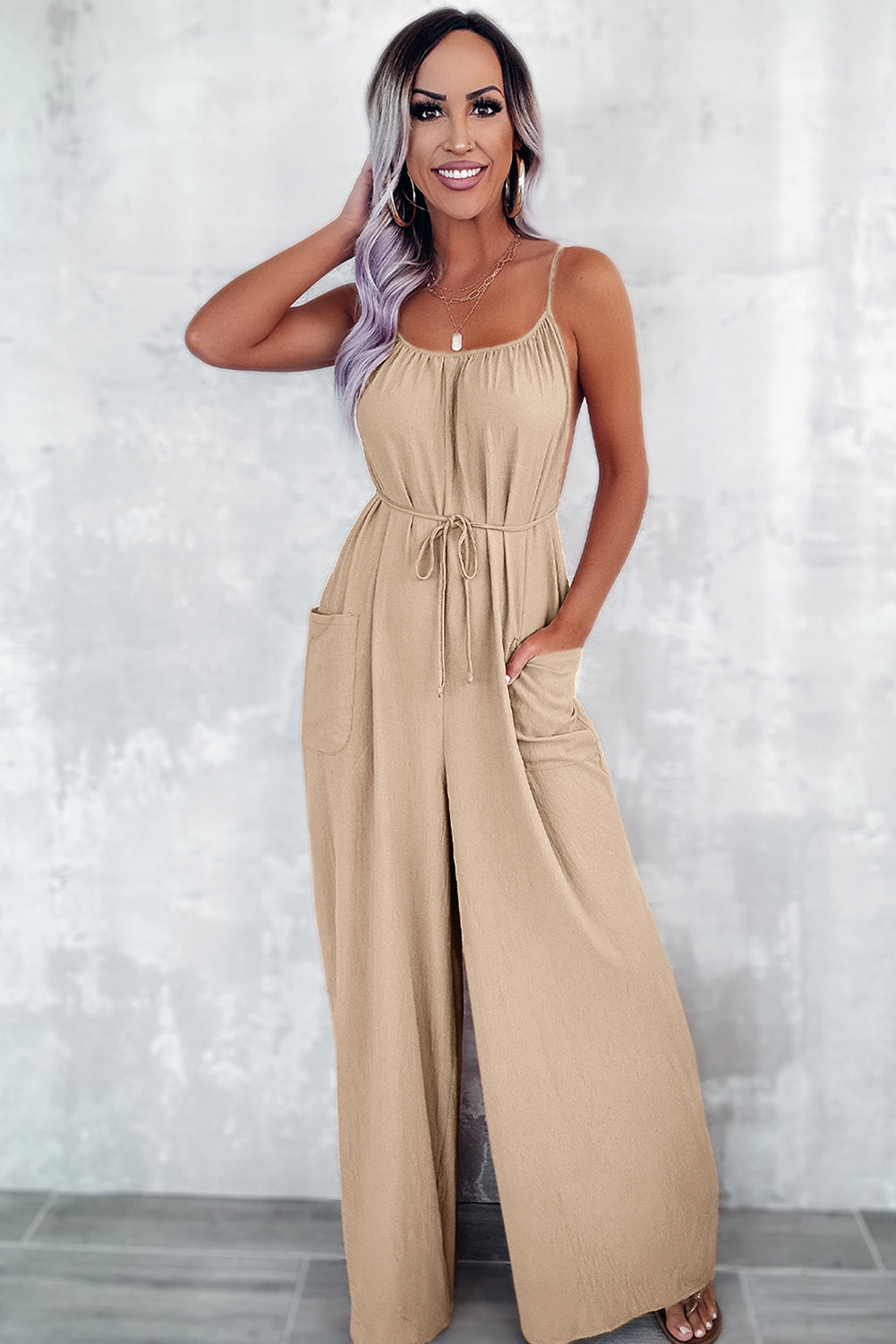 Jumpsuit with Pockets /Apricot Spaghetti Straps Waist Tie Wide Leg