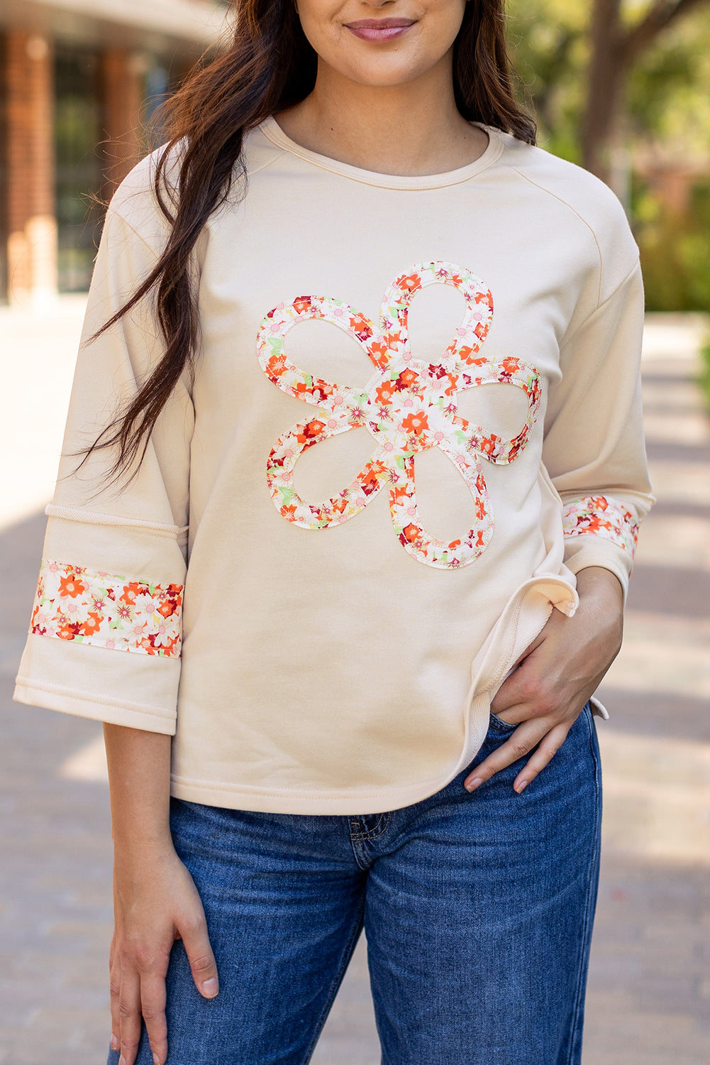 Beige Flower Patch Graphic  Wide Sleeve Top