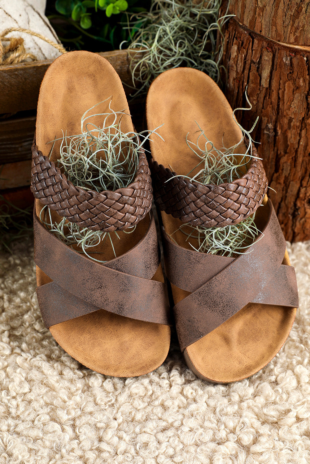 Brown Braided Criss Cross Platform Sandals