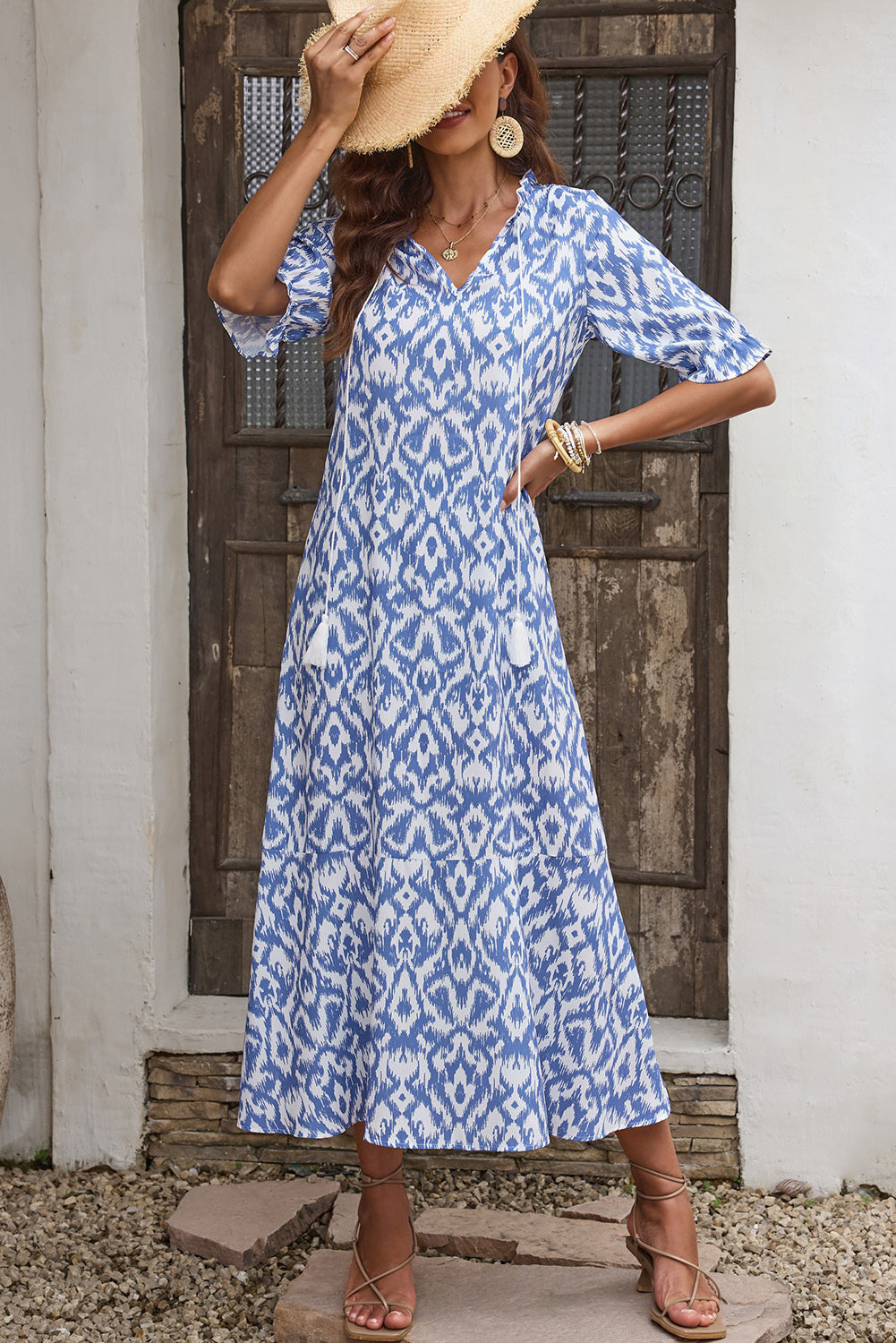 Blue V Neck Casual Geometric Print Maxi Dress