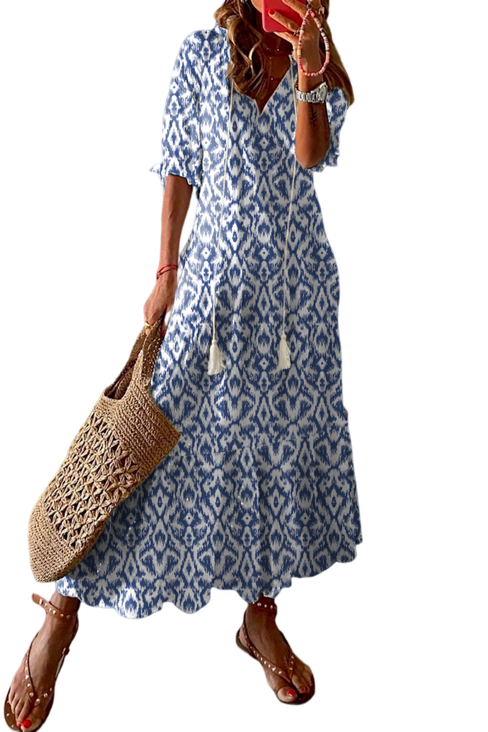 Blue V Neck Casual Geometric Print Maxi Dress