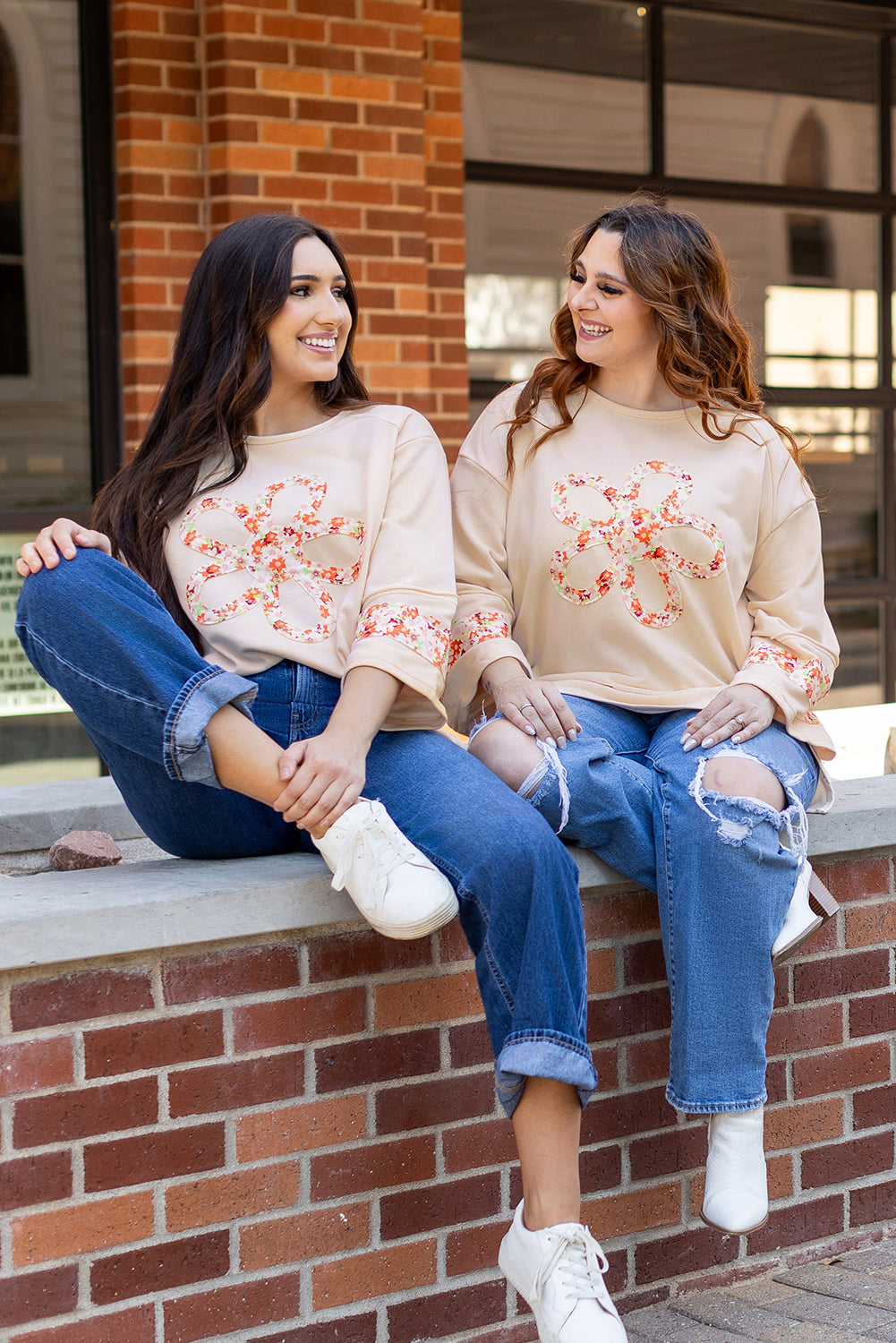 Beige Flower Patch Graphic  Wide Sleeve Top