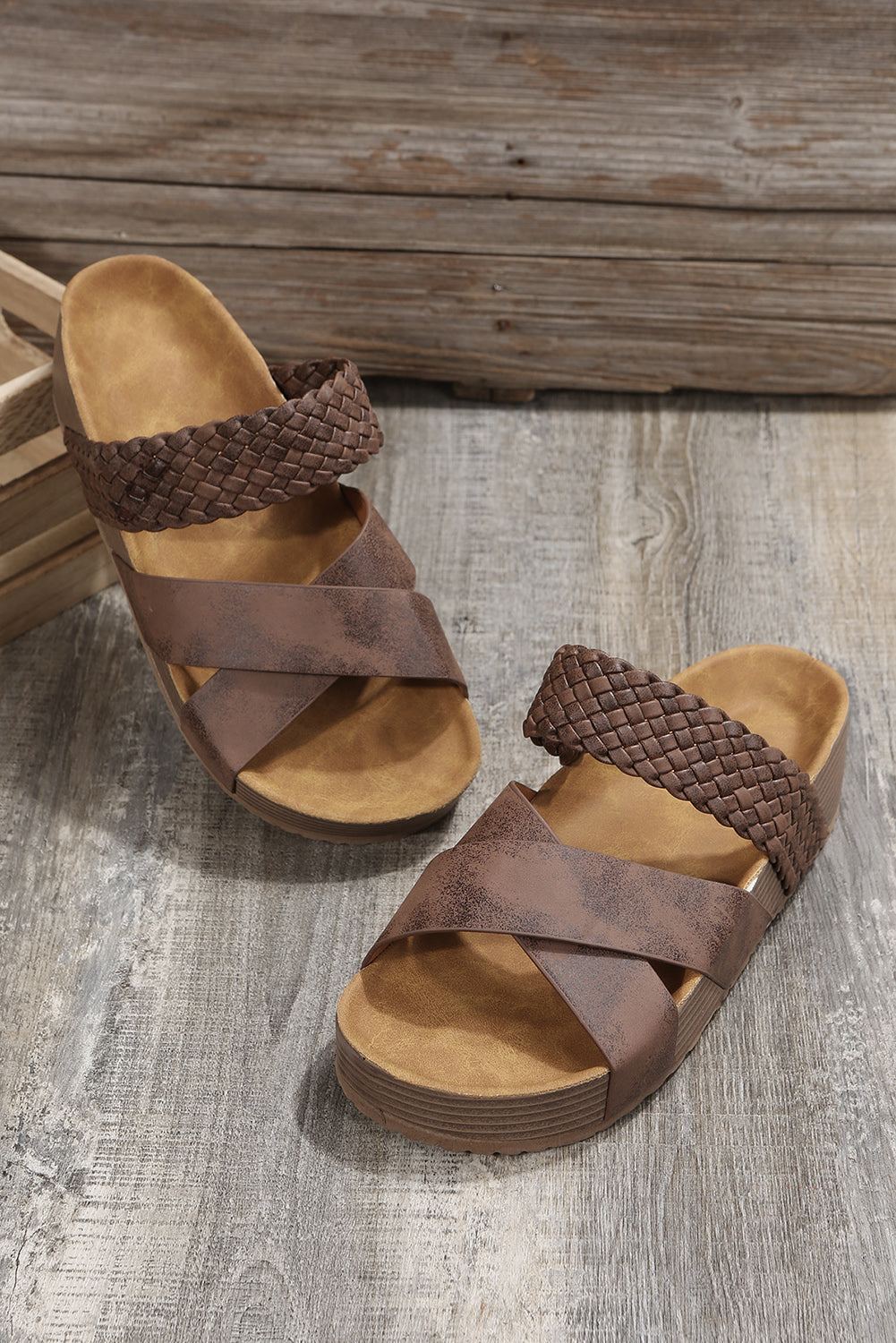 Brown Braided Criss Cross Platform Sandals