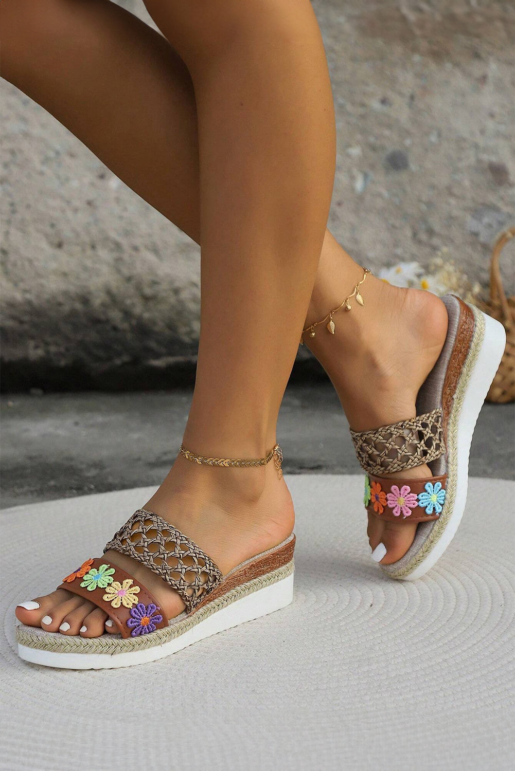 White Floral Print Braided Wedge