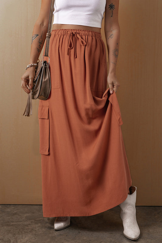 Cargo Pocket Drawstring Waist Maxi Skirt